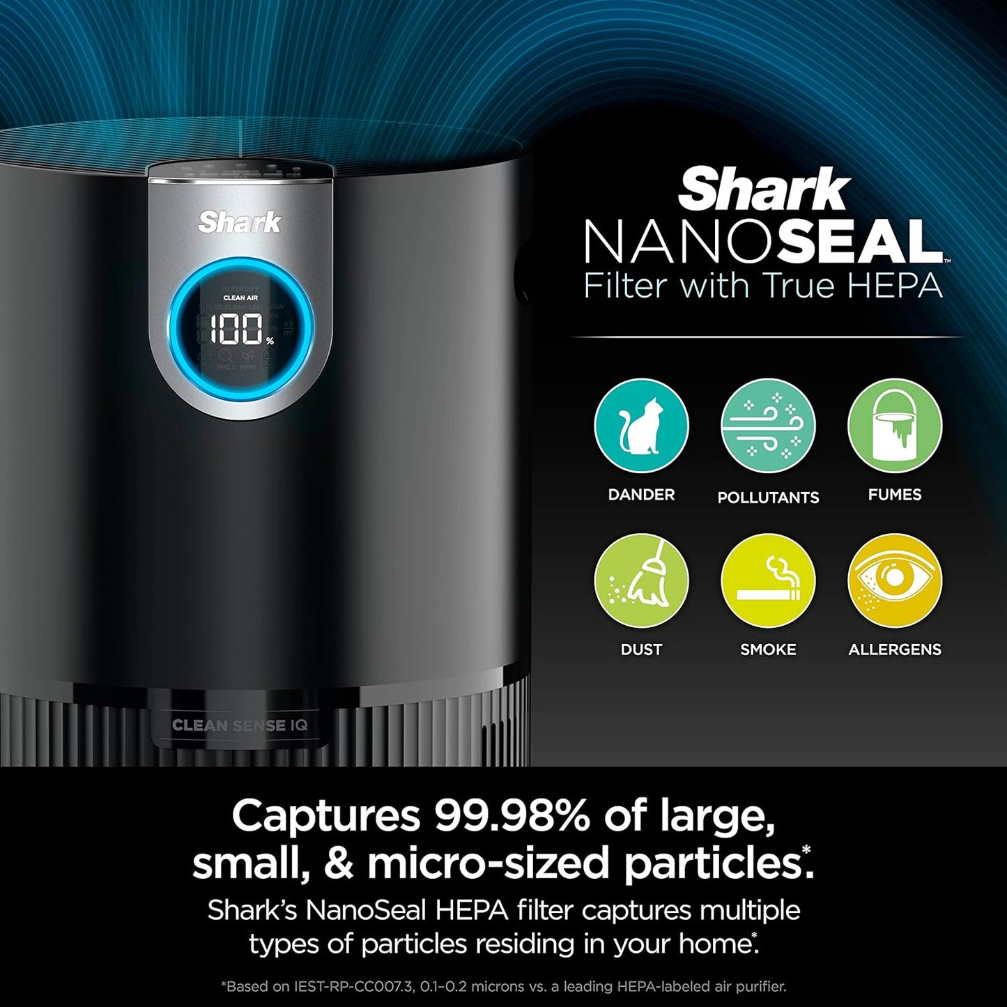 Shark Air Purifier MAX with NanoSeal HEPA, Cleansense IQ, Odor Lock, Cleans up to 1200 Sq. Ft. and 99.98% of particles, dust, allergens, smoke, 0.1–0.2 microns, Grey, HP202 (Renewed)